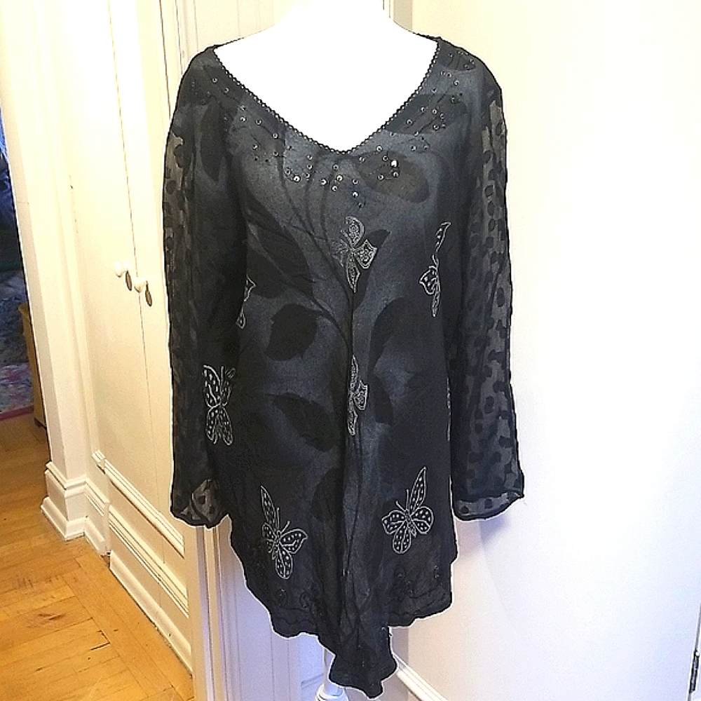 GREATER GOOD Dressy Rayon Black Sequin & Lace Top with Sheer Sleeves Size 1x/2x